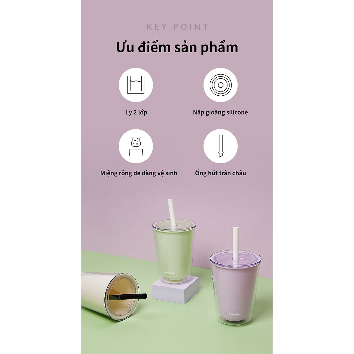 Ly nhựa 2 lớp Bubble Tea Cold Cup LocknLock HAP529 - Kèm ống hút - Dung tích 720ml
