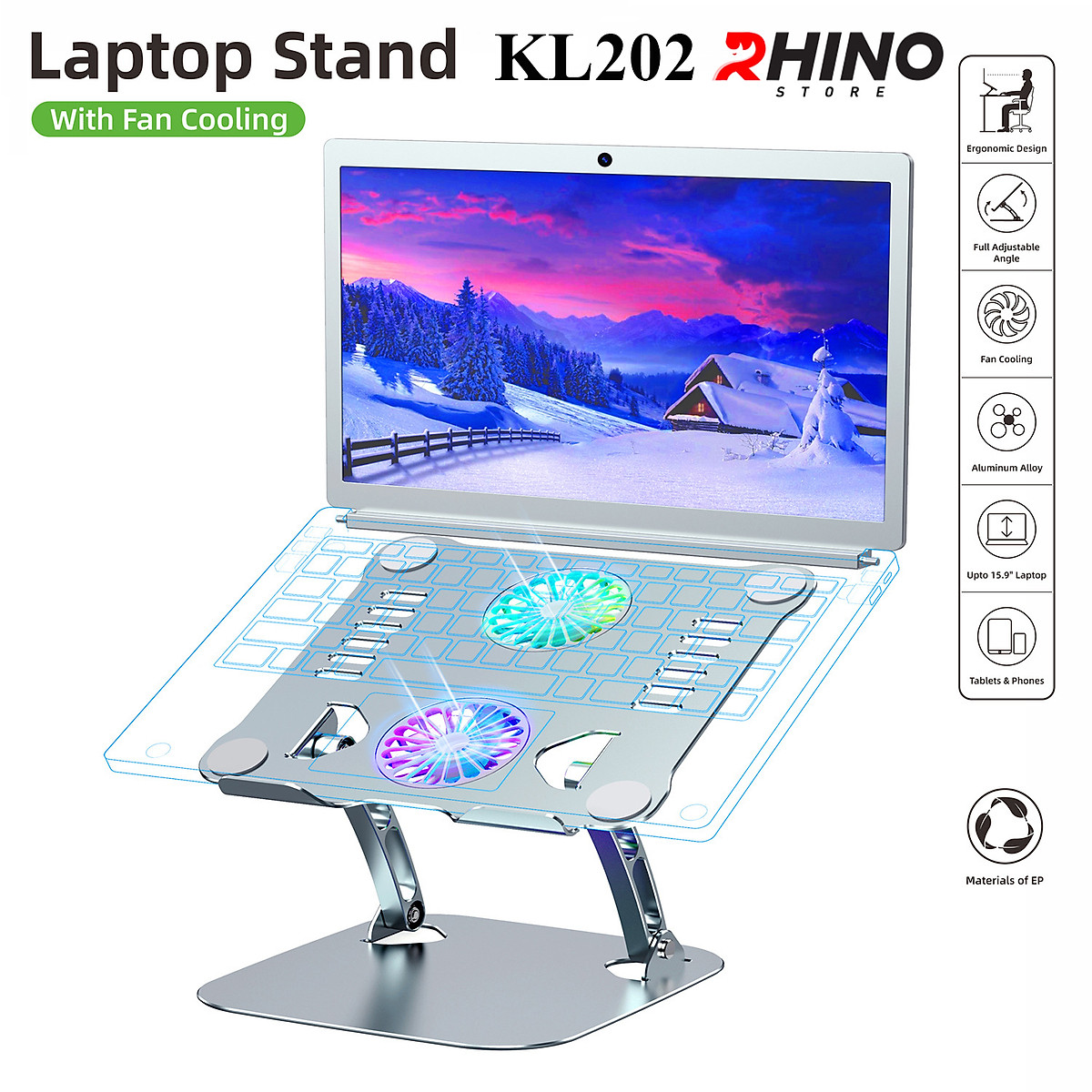 Kệ đỡ Laptop 2 quạt tản nhiệt Rhino KL202, giá đỡ máy tính nhôm cao cấp, gấp gọn - Hàng chính hãng