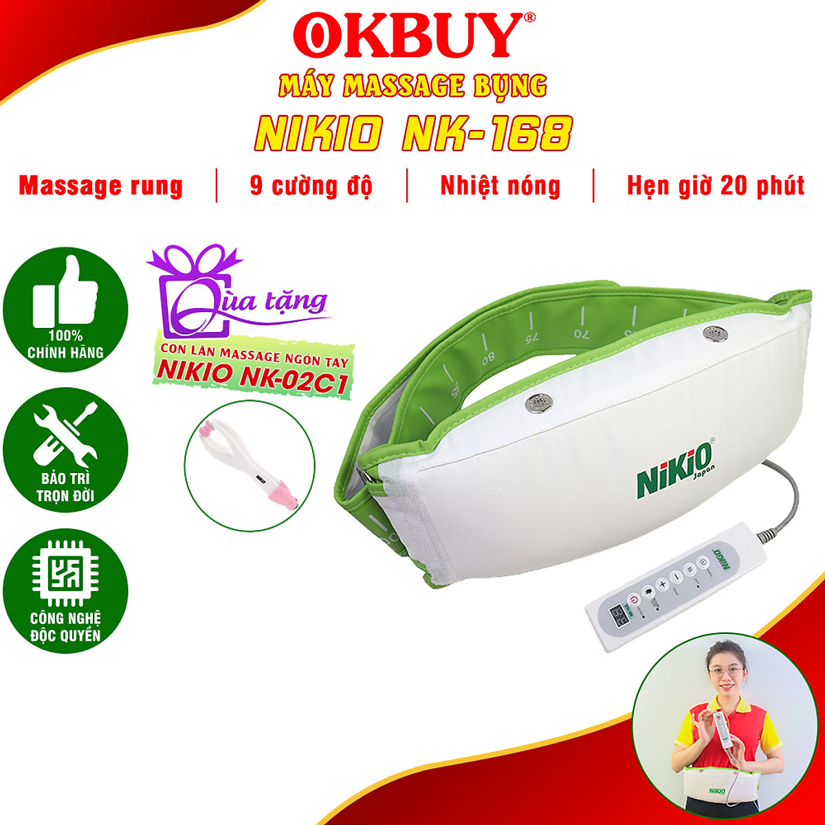Máy (Đai) Massage Bụng Nikio NK-168 - Máy Rung Tan Mỡ Bụng Nam Nữ, Làm Săn Chắc Cơ Bụng Nhanh, Kết Hợp Nhiệt Nóng Làm Ấm Bụng, Giảm Đau Bụng Kinh
