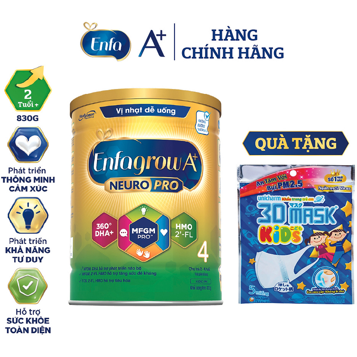 Sữa bột Enfagrow A+ NeuroPro 4 với 2’-FL HMO cho trẻ từ 2 – 6 tuổi – 830g tặng Khẩu Trang Trẻ Em Unicharm 3D Mask Kid ( 3 miếng/gói)