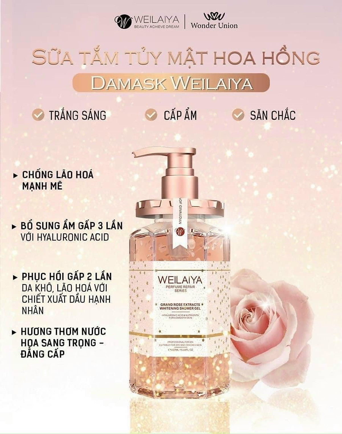 Combo 2 chai Sữa tắm trắng da cánh hoa hồng Damask Weilaiya Grand Rose Extracts Whitening Shower Gel 450ml tặng 1 Bông tắm Weilaiya