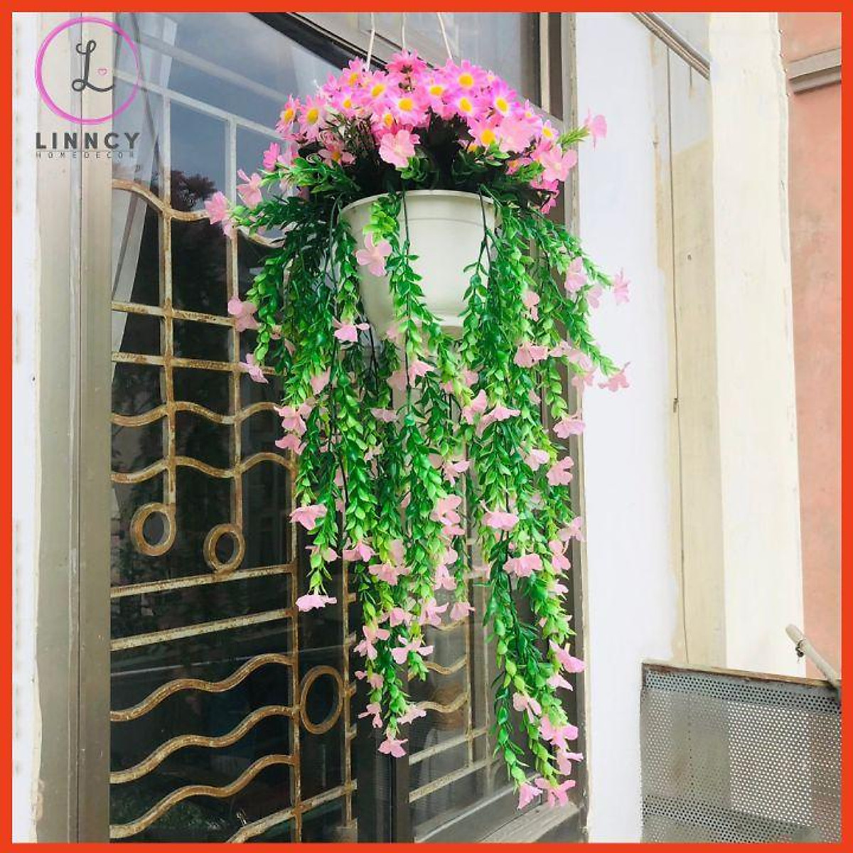 Giỏ Hoa Treo Tường Chậu Hoa Giả Dài 80cm Trang Trí Ban Công Lối Đi Tuyệt Đẹp Cắm Sẵn Y Hình