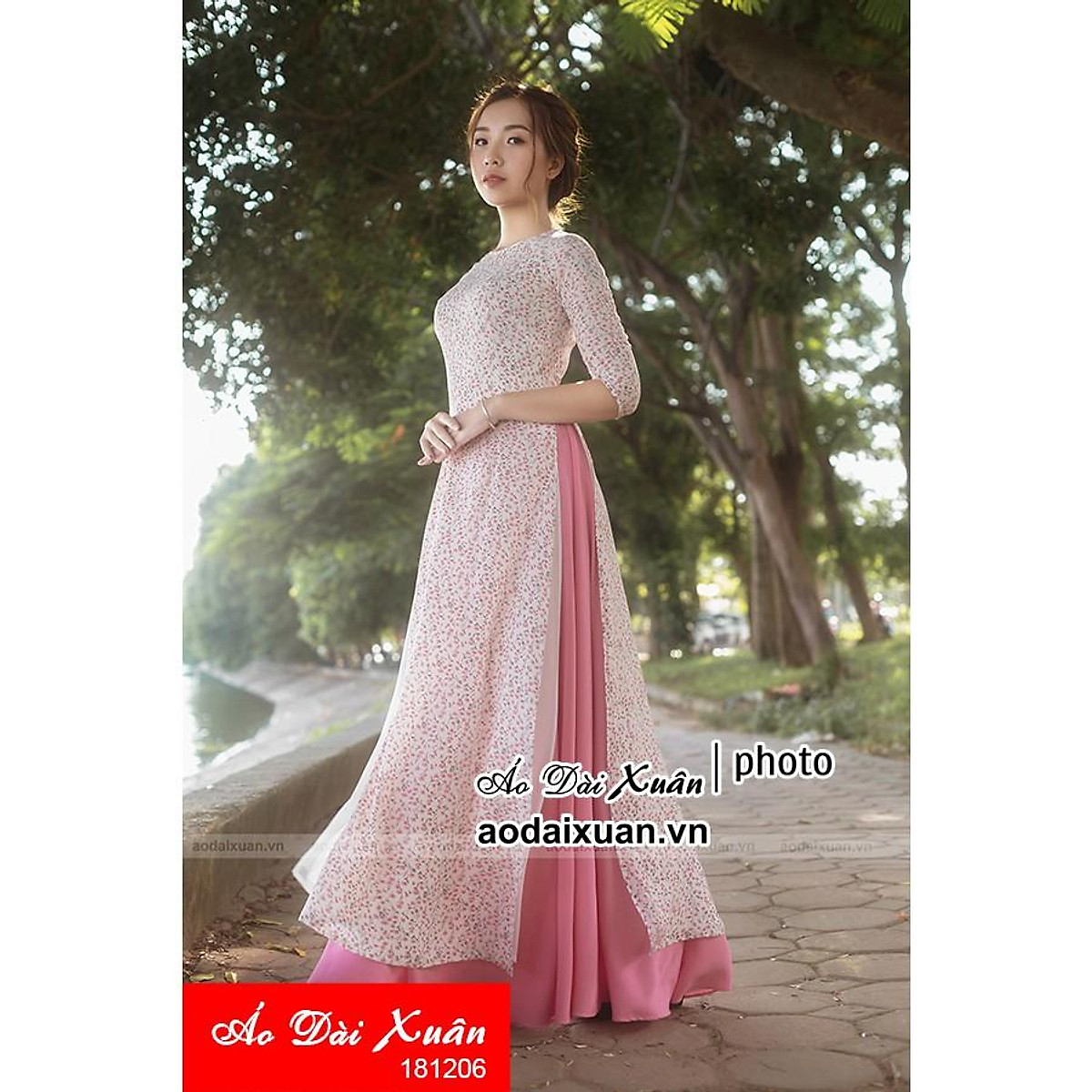 Áo dài hoa nhí trắng hồng 4 tà (2 lớp) - Áo dài Áo Dài Hoa Nhí Trắng Hồng 4 Tà (2 Lớp) - Áo Dài