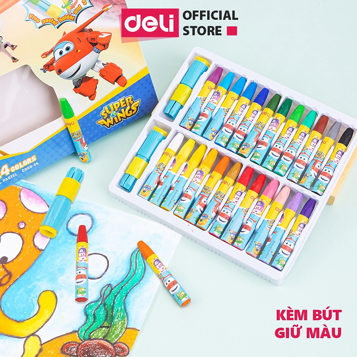 Bút sáp dầu Super Wings x Deli – thân lục giác – 12/18/24 màu - EC009-12 /EC009-18/ EC009-24