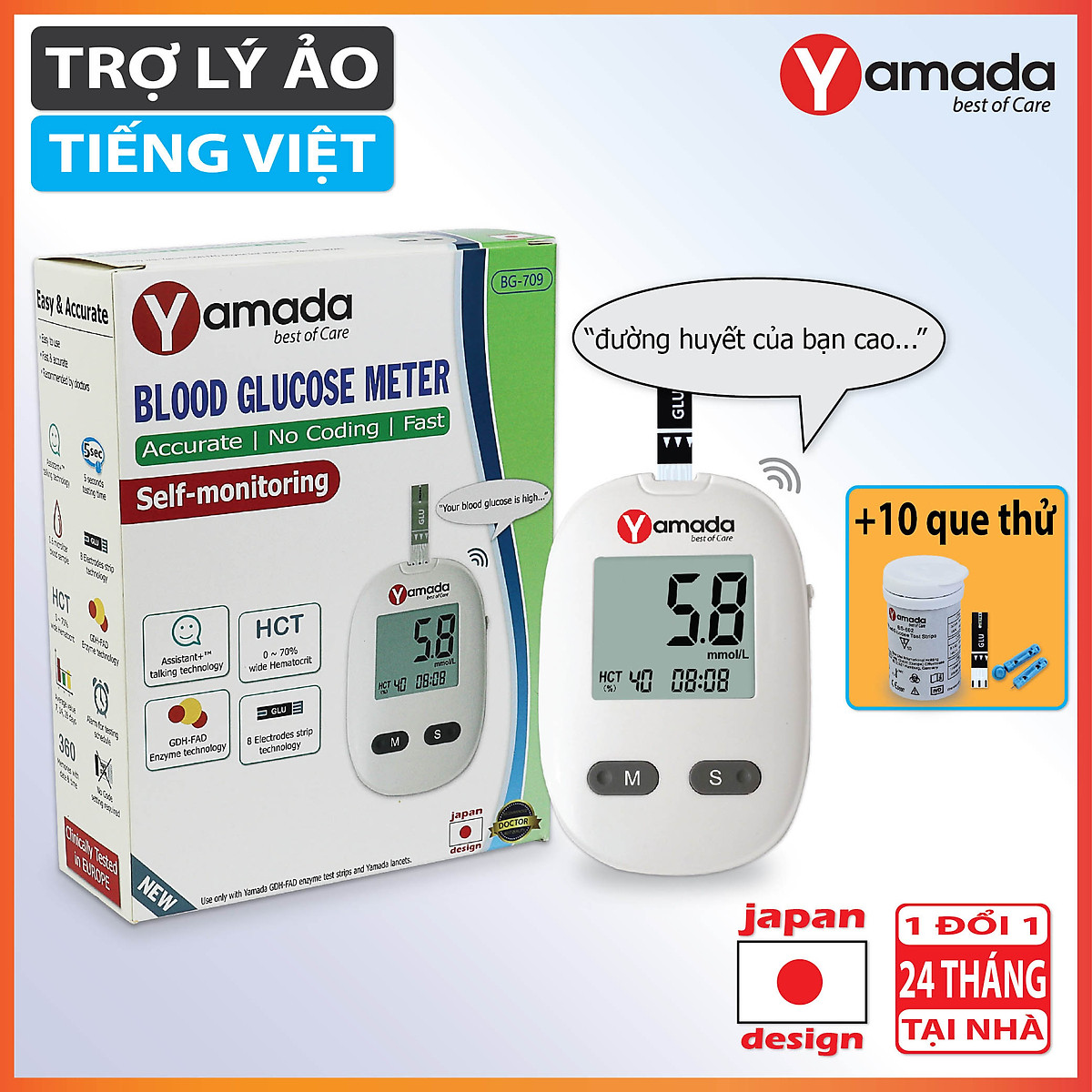 Máy đo đường huyết Yamada - Giọng nói tiếng Việt thông minh, đo chỉ số hồng cầu HCT, tặng 10 que thử