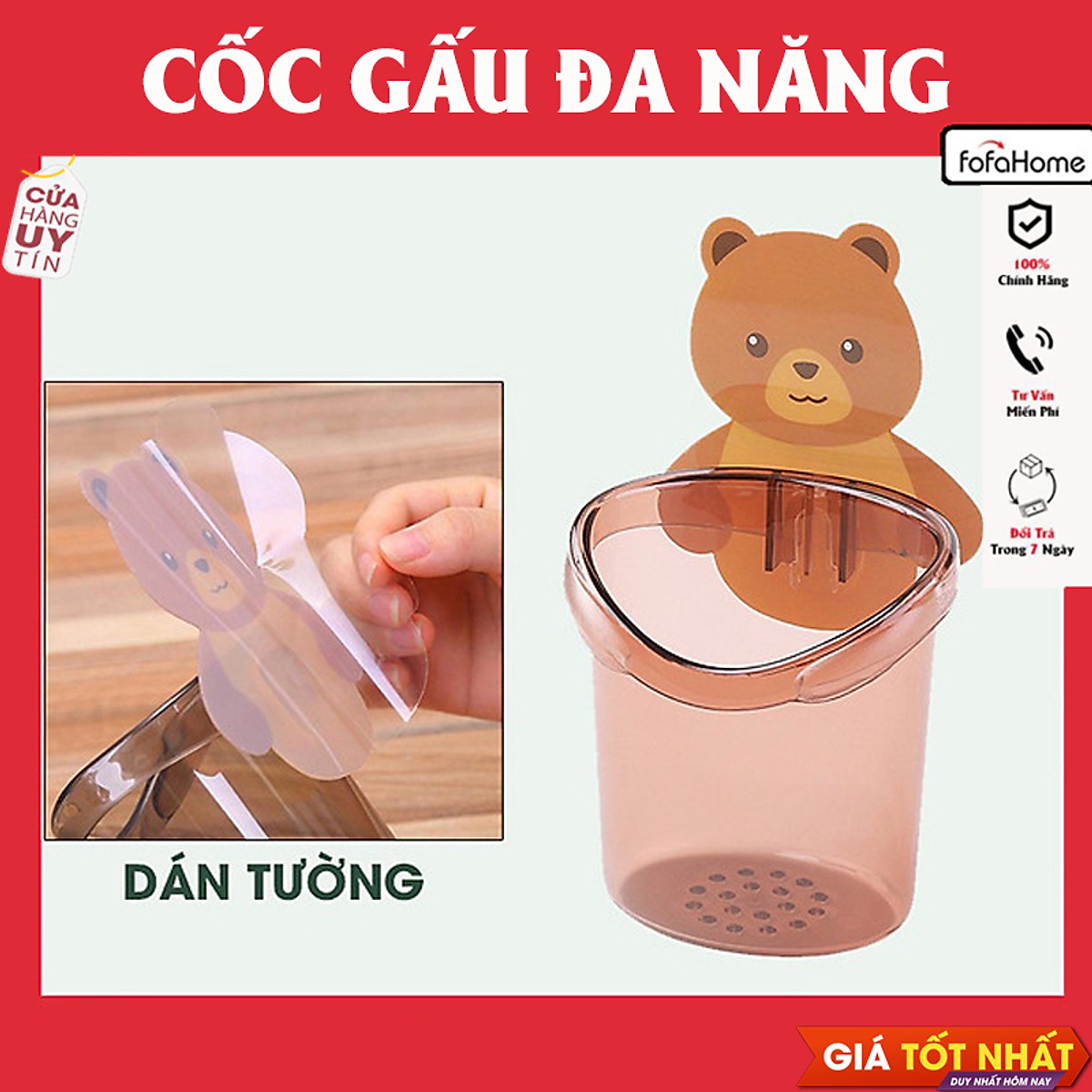 Cốc Gấu Dán Tường Để Bàn Chải Đánh Răng Hình Gấu Có Lỗ Thoát Nước Tiện Lợi