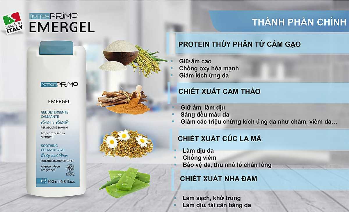 DottorPrimo Emergel – Sữa Tắm Gội Hữu Cơ Dành Cho Bé Từ 6 Tháng Tuổi, Bà Bầu - Thích Hợp Với Mọi Loại Da Giảm Viêm Ngứa, Kích Ứng, Mẩn Đỏ, Khô Ráp