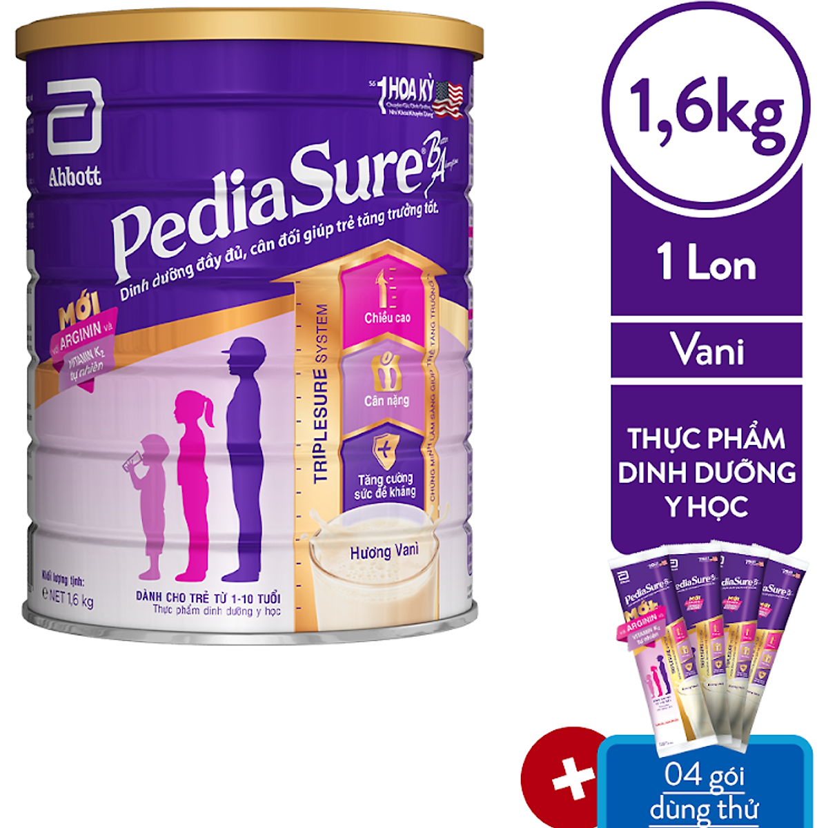 Thực phẩm dinh dưỡng y học Abbott Pediasure 1.6Kg - Tặng 4 sachet (Dành cho trẻ từ 1 - 10 tuổi)
