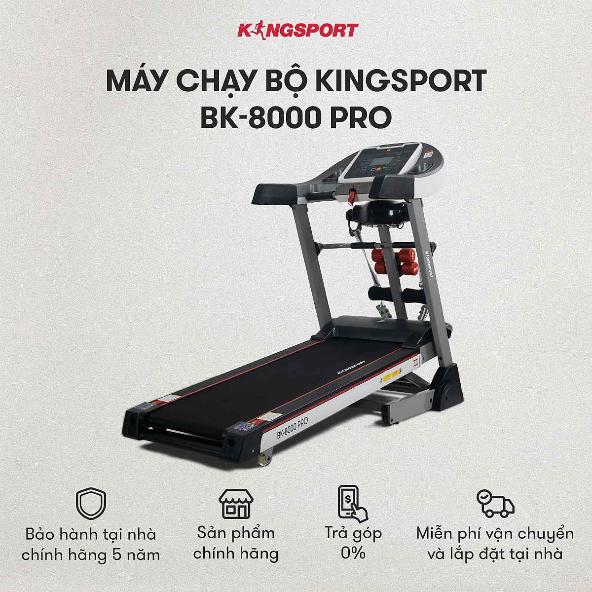 Máy chạy bộ KINGSPORT BK-8000 Pro đa năng, nâng dốc tự động 18%, tốc độ tối đa 14khm/h, kèm đai massage và thanh gập bụng, cân nặng phù hợp từ dưới 75kg