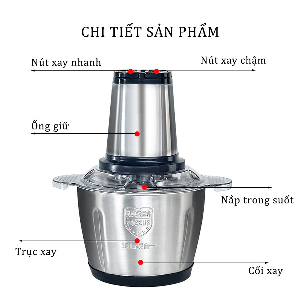 Máy Xay Thịt Cối Inox 304 Loại 4 Lưỡi Đa Năng Công Suất 250W Máy Xay Mini Cầm Tay Siêu Khỏe Dễ Dàng Sử Dụng Dung Tích 2 Lít - Hàng Nhập Khẩu