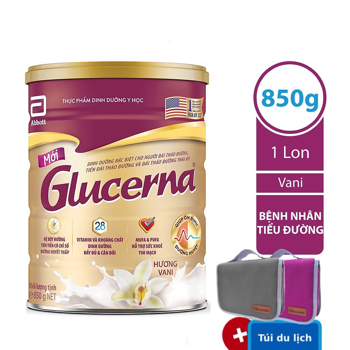 Sữa Bột Abbott Glucerna GLVLA Dành Cho Người Đái Tháo Đường Và Tiền Đái Tháo Đường (850g) - Tặng 1 Túi Du Lịch Tiện Lợi (Xám hoặc Hồng)