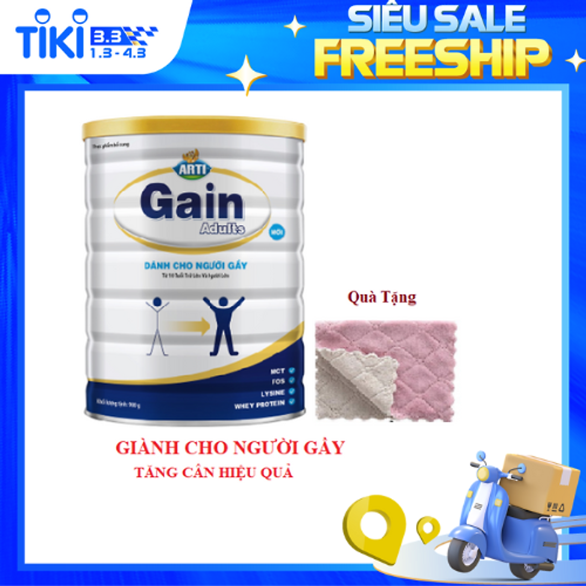 Sữa bột Sữa Arti Gain Adults (900g) dinh dưỡng cho người gầy,chơi thể thao, lao động nặng, suy nhược (10 tuổi trở lên)-Tặng khăn mềm mịn