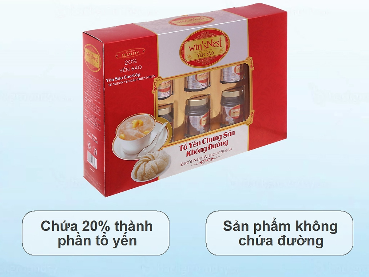 Yến Sào cao cấp win'snest Tổ Yến Chưng Sẵn Không Đường 20% (6 Lọ/Hộp) thích hợp cho mọi đối tượng đặc biệt là người ăn kiêng và tiểu đường.