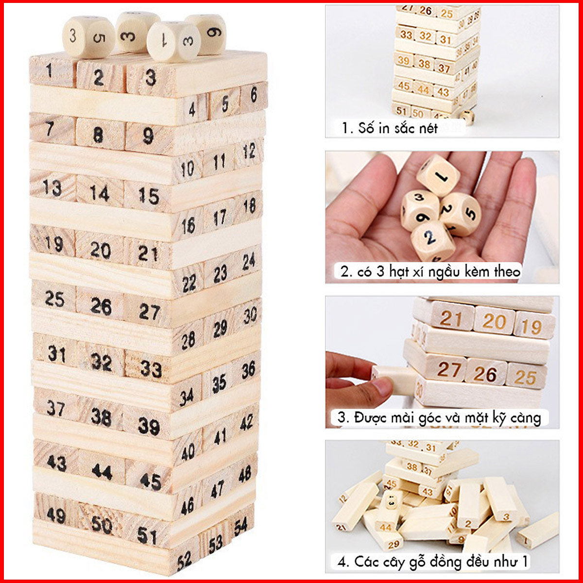 Đồ Chơi Rút Gỗ Cỡ Lớn Cao Cấp – Chọn Size - 54 Thanh Rút Gỗ Kèm 4 Con Súc Sắc Cho Bé – Bộ Đồ Chơi Rút Gỗ Chính Hãng miDoctor