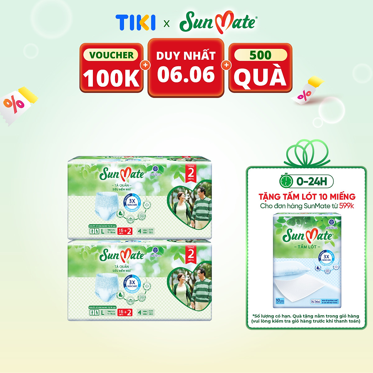 Combo 2 Tã quần SunMate siêu mềm mại G1 mới size L-16+2 miếng