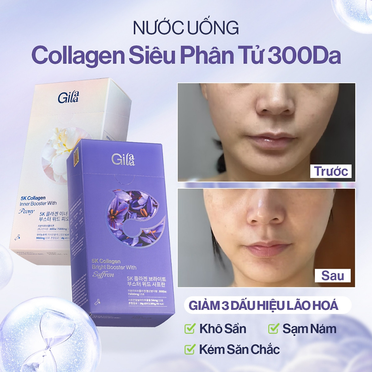COMBO 2 HỘP NƯỚC UỐNG COLLAGEN GILAA SIÊU PHÂN TỬ 300DA TRẺ HÓA (20g x 15 gói/hộp)