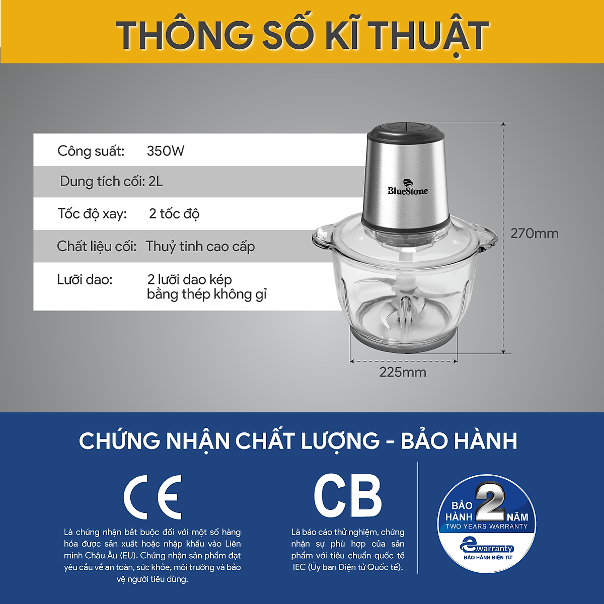 Máy Xay Thịt 2 Lưỡi Kép BlueStone CHB-5145 (2 Lít) - Hàng chính hãng
