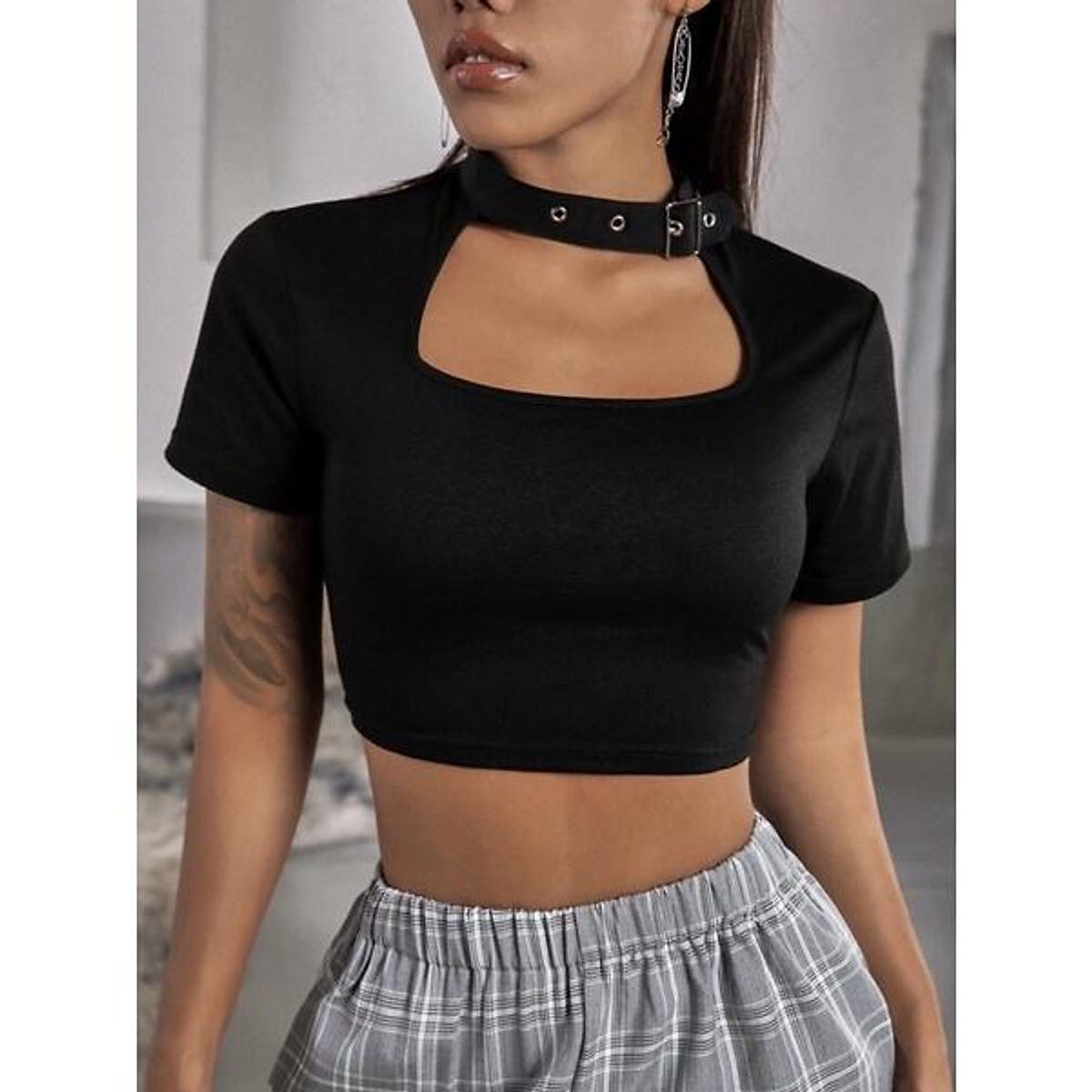 Áo croptop nữ kiểu phối khóa hở ngực chất vải thun Borip FreeSize dưới 53kg