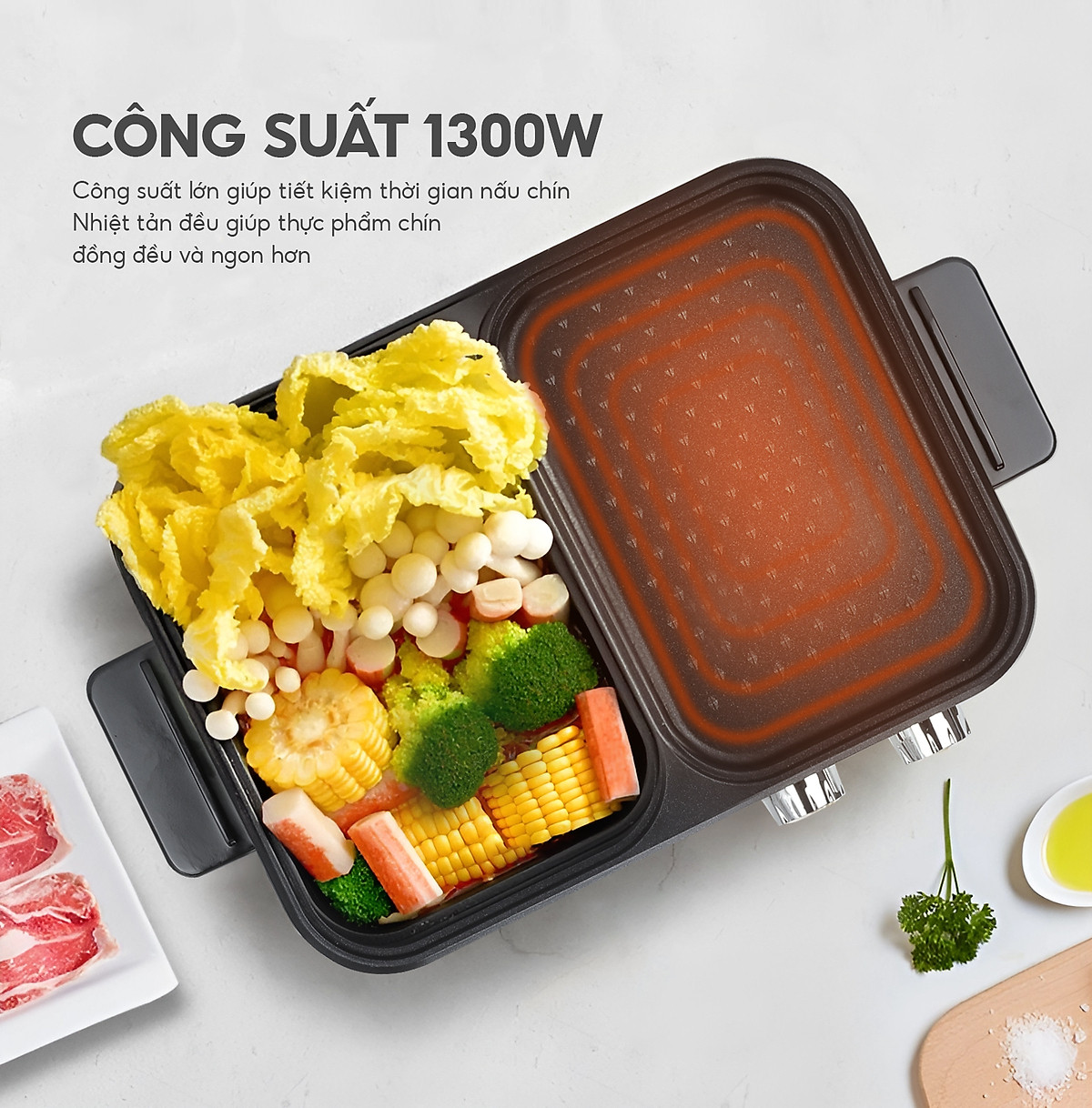 Nồi lẩu điện 2 ngăn mini Lebenlang LBL8583, bếp lẩu nướng 2in1 công suất 1300W, 1200ml nhanh gọn tiện lợi - hàng chính hãng