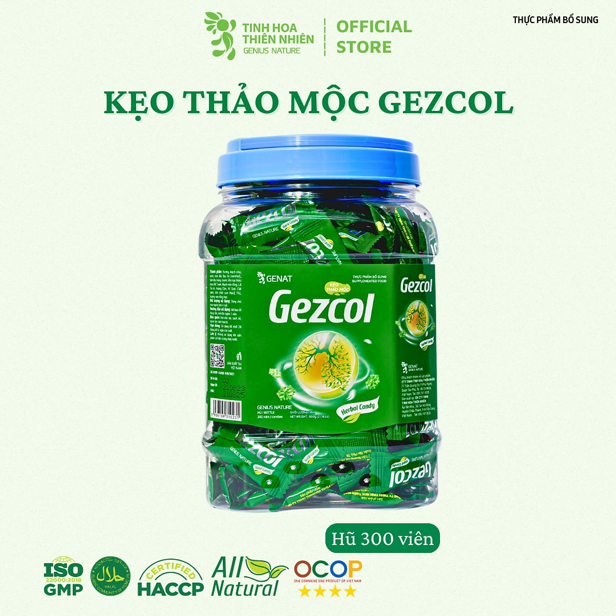 Kẹo thảo mộc Gezcol (Hủ 300 viên) - Genat - Giao 2H HCM