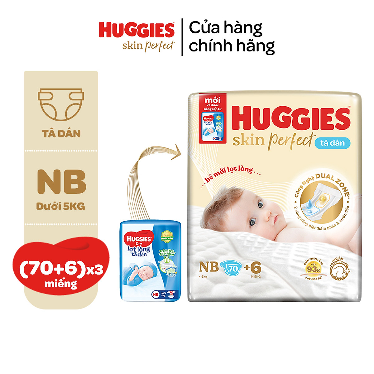 Thùng 3 gói Tã dán sơ sinh Huggies Tràm Trà NB70/S54/S80