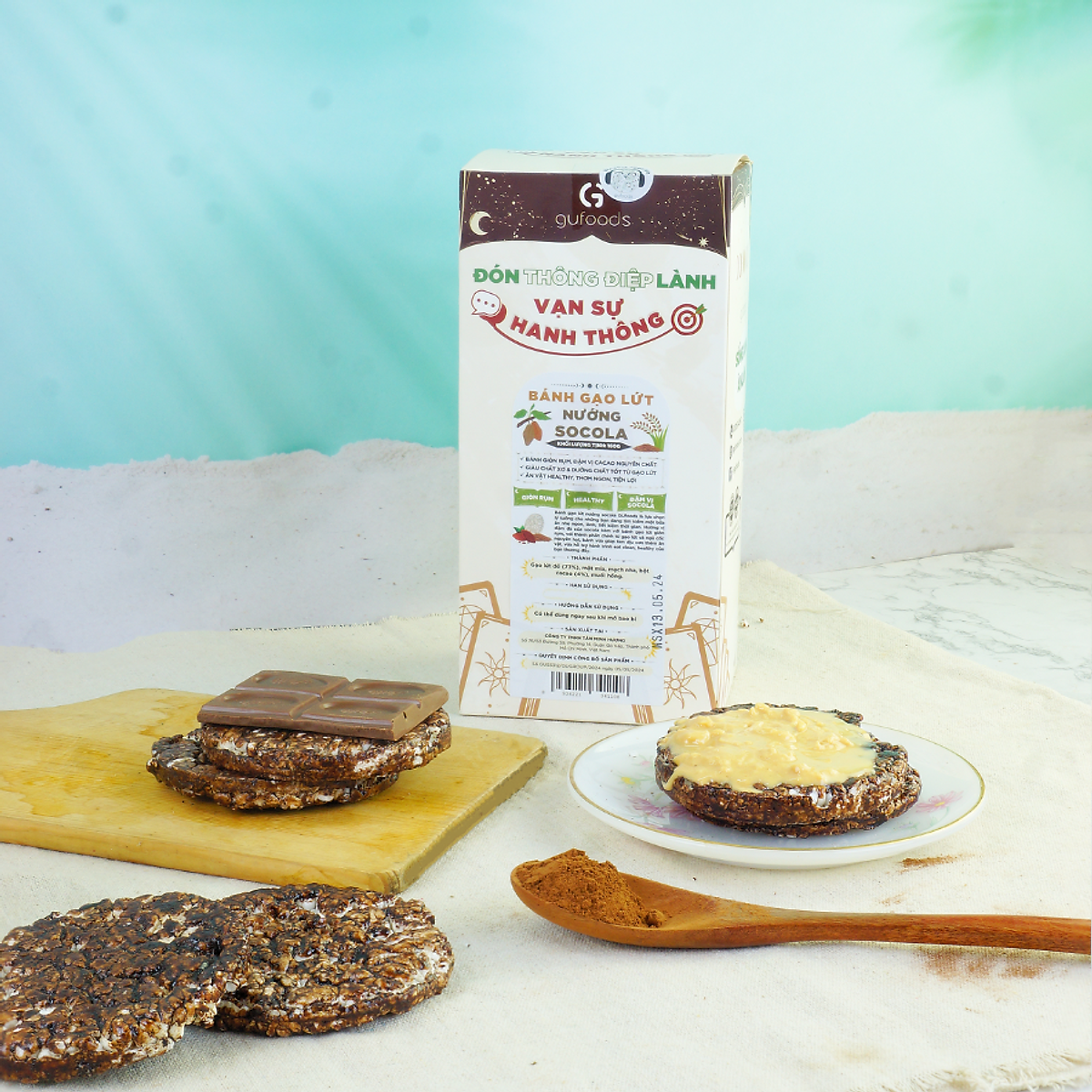 Bánh gạo lứt nướng socola GUfoods - Giòn rụm, Đậm vị socola, Healthy, Eat clean, Ăn vặt lành mạnh