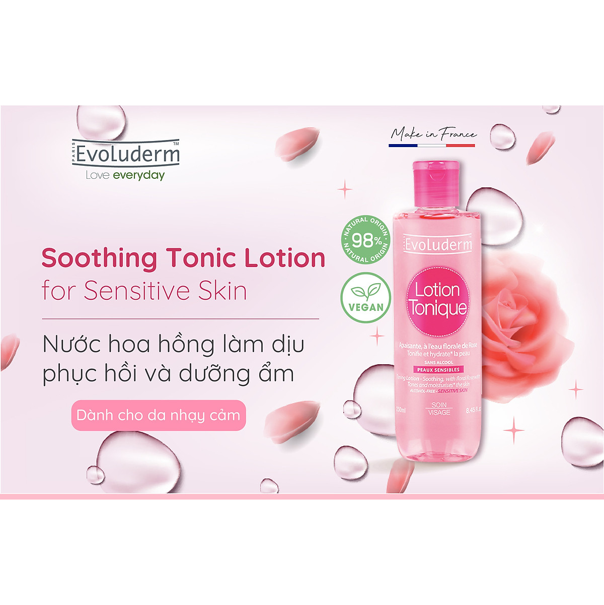 Nước hoa hồng Evoluderm se khít lỗ chân lông, dưỡng ẩm & làm sạch 250ml