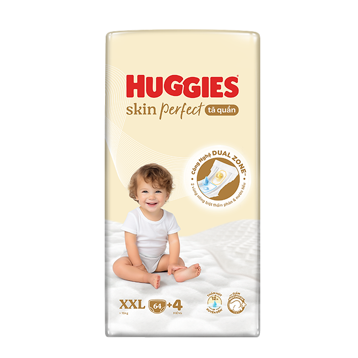 Tã quần Huggies Skin Perfect Mega Jumbo XXL64+4 miếng với 2 vùng thấm giảm kích ứng da