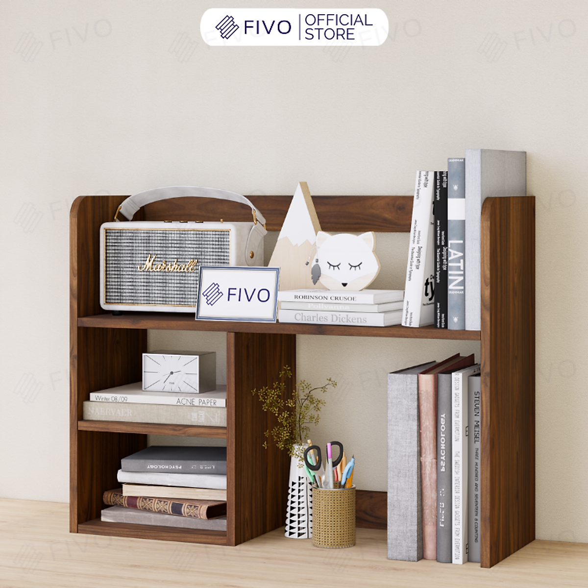 Kệ Sách Để Bàn Học FB21 FIVO Cao Cấp Màu Gỗ Và Walnut , Thiết Kế Có Hộc Tủ, Dễ Dàng Lắp Ráp, Đa Dạng Mẫu Mã Và Màu Sắc