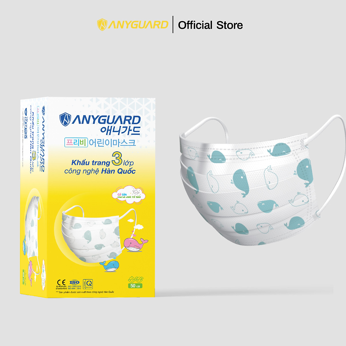 Khẩu Trang Trẻ Em Anyguard Hàn Quốc 3 Lớp Chính Hãng (Cỡ Lớn Cho Bé Dưới 13Tuổi - Hộp 50 Chiếc)-베이비 마스크 - Face Mask For Kids Under 13 yearsold-ISO 9001:2015, ISO 13485:2016, QCVN 01:2017/BTC