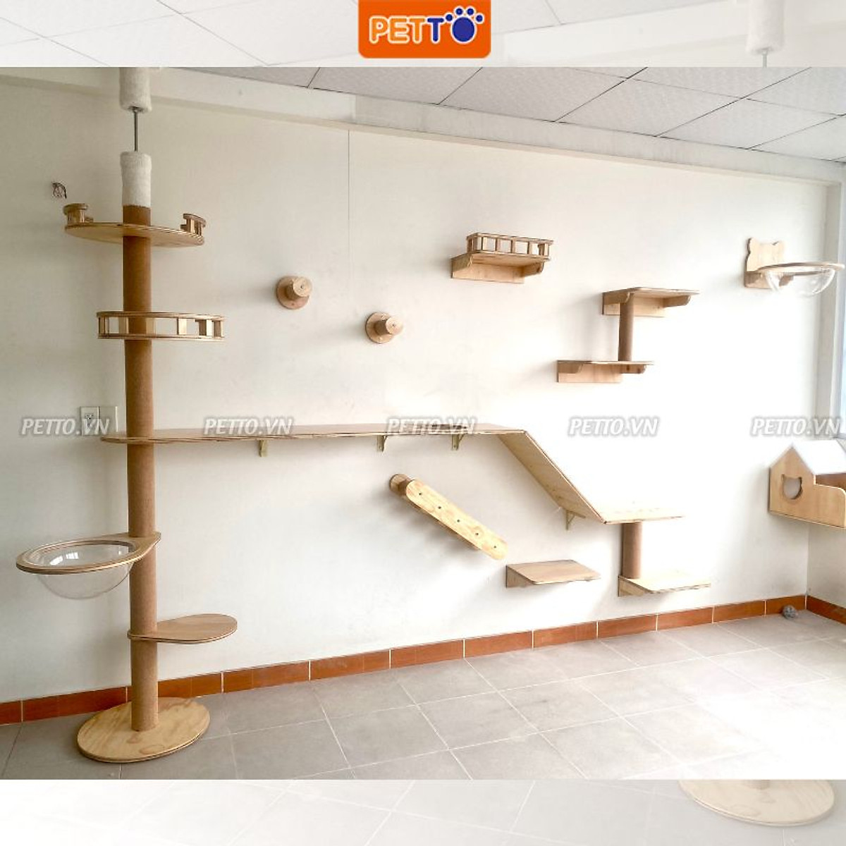 Nhà mèo treo tường bằng GỖ khu vui chơi cho mèo 2 in 1 chắc chắn nhiều chi tiết ĐỘC ĐÁO siêu to BẢO HÀNH 1 NĂM CZ007