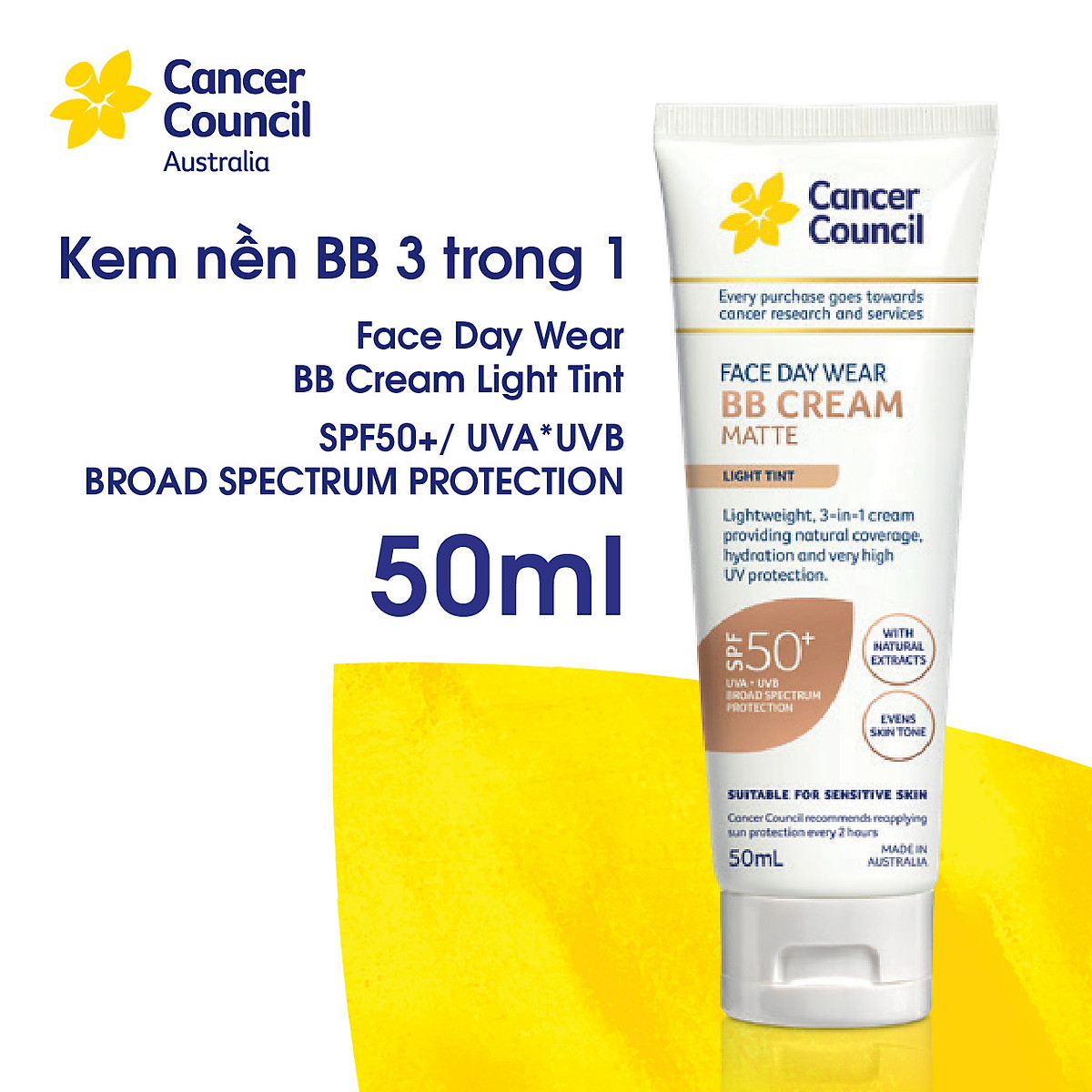 Kem chống nắng Cancer Council - BB Cream 3 trong 1 SPF50+/PA++++ 50ml