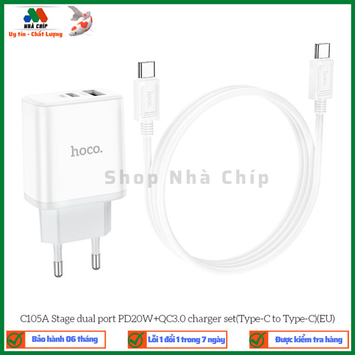 Bộ sạc nhanh kèm cáp Hoco C105A Stage dual port PD20W+QC3.0 phích cắm EU - Hàng chính hãng