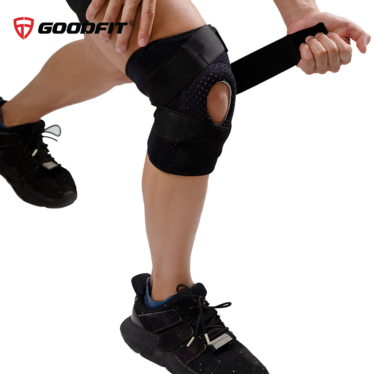 Bó gối thể thao, băng đầu gối tập gym GoodFit đệm silicone, thanh lò xo trợ lực GF512K