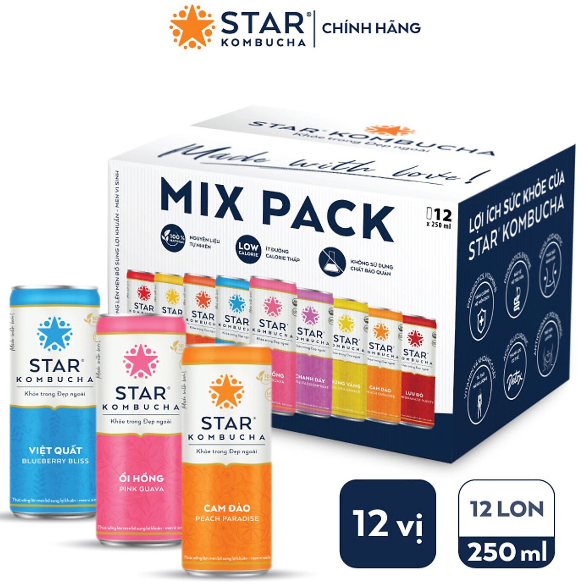 Thùng 12 lon trà STAR KOMBUCHA Allinone (250ml/lon) Nước hoa quả