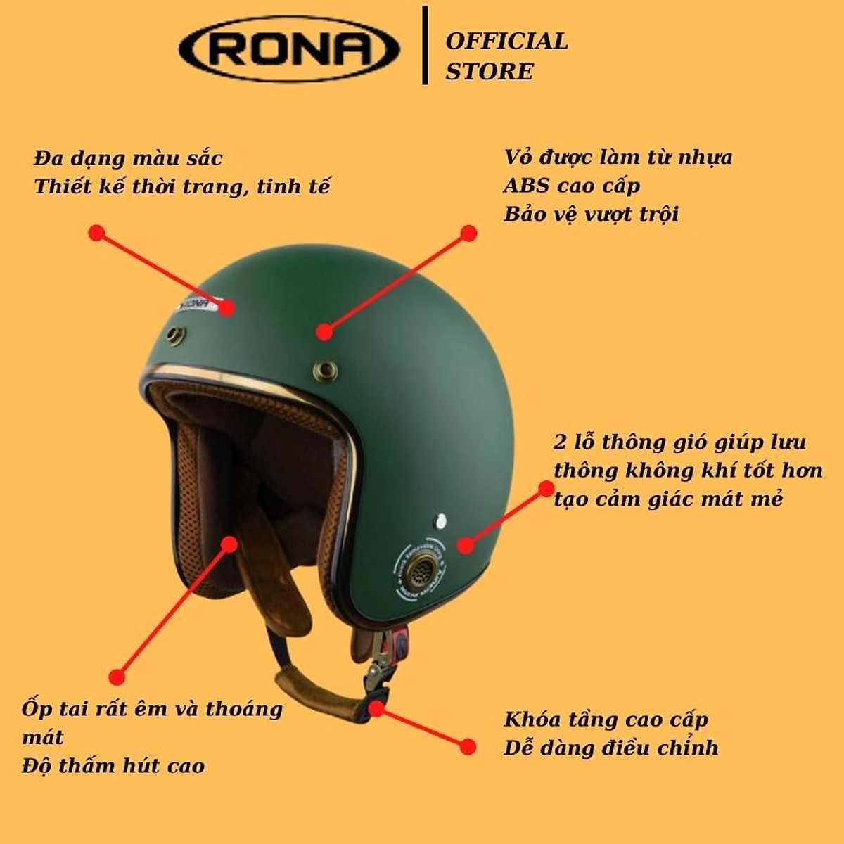 Mũ Bảo Hiểm 3/4 RONA R8 Freesize Vòng Đầu 55-59cm - Hàng Chính Hãng