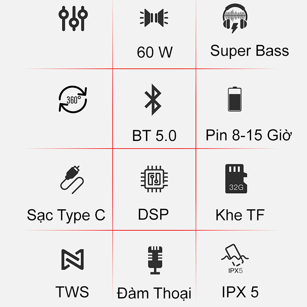 Loa Bluetooth 60W công suất lớn Super Bass chống nước IPX5 pin 6600MAH sạc nhanh Type C công nghệ AI Hàng Chính Hãng PKCB
