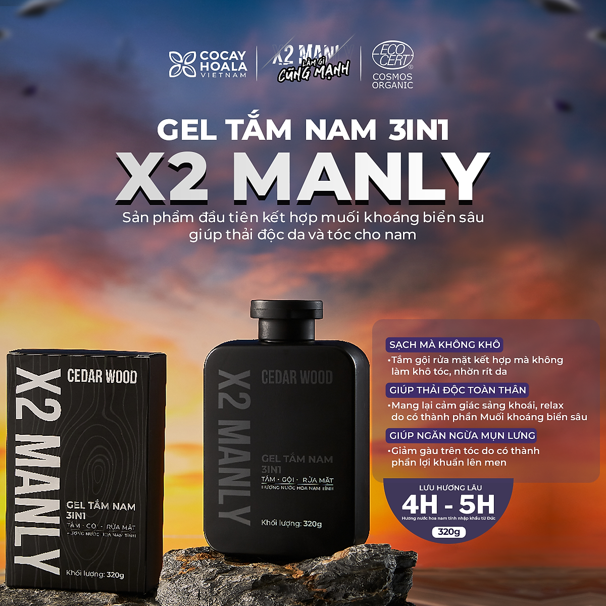 Gel Tắm Nam X2 Manly 3n1 Cocayhoala - Sữa tắm gội toàn thân hương nước hoa nam tính - 320g