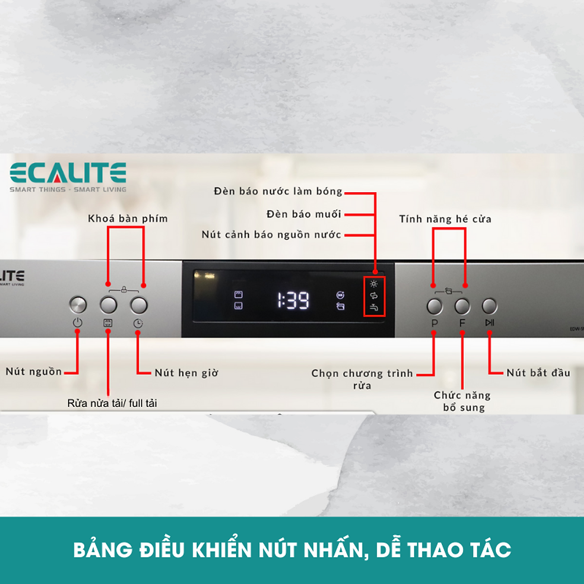 Máy Rửa Chén Độc Lập Ecalite EDW-SMS6015AS - 14 Bộ - 8 Chương Trình Rửa - Tự Động Hé Cửa - Hàng Chính Hãng
