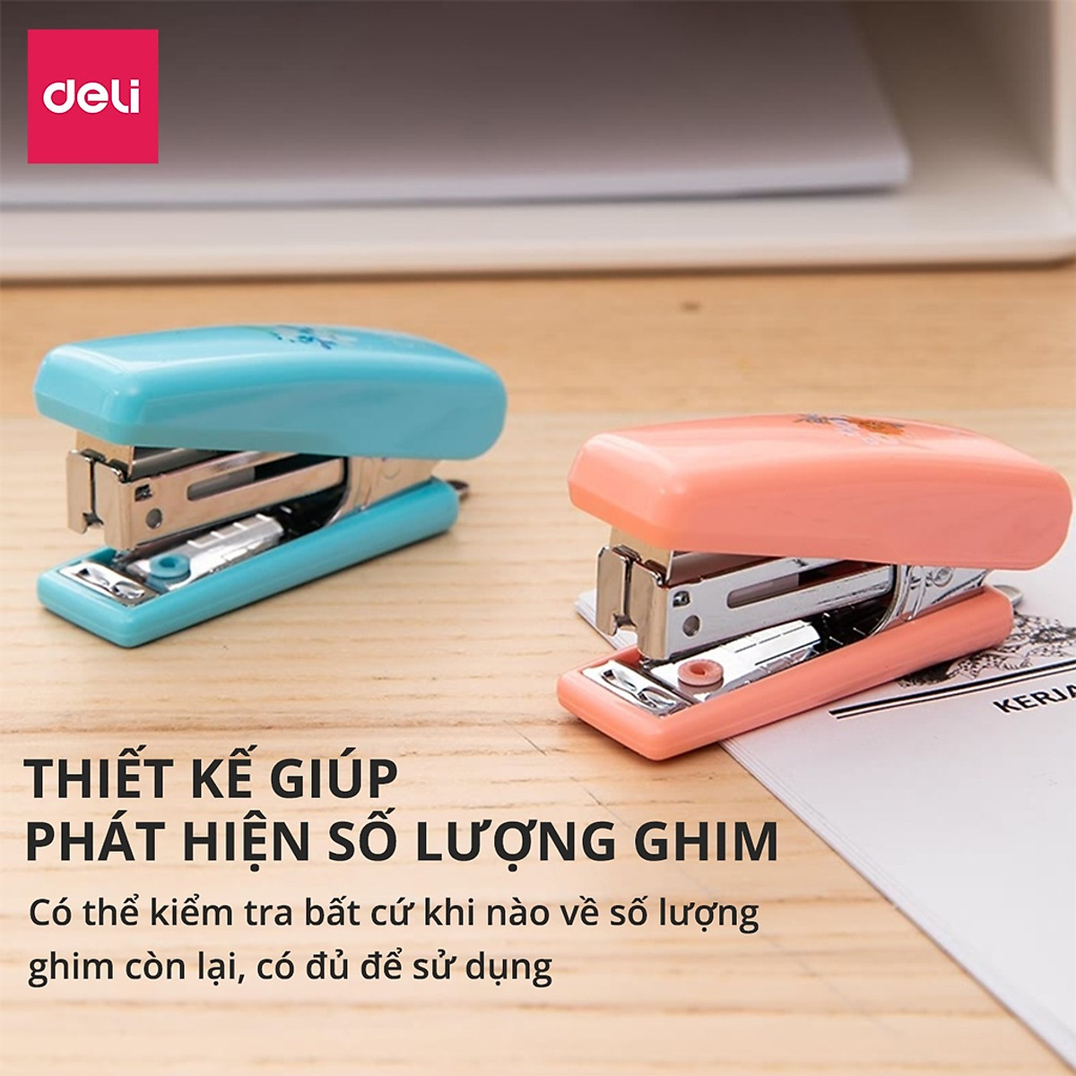 Dập ghim mini #10 Deli, 12 trang, Xanh, Hồng - 1 cái E0222