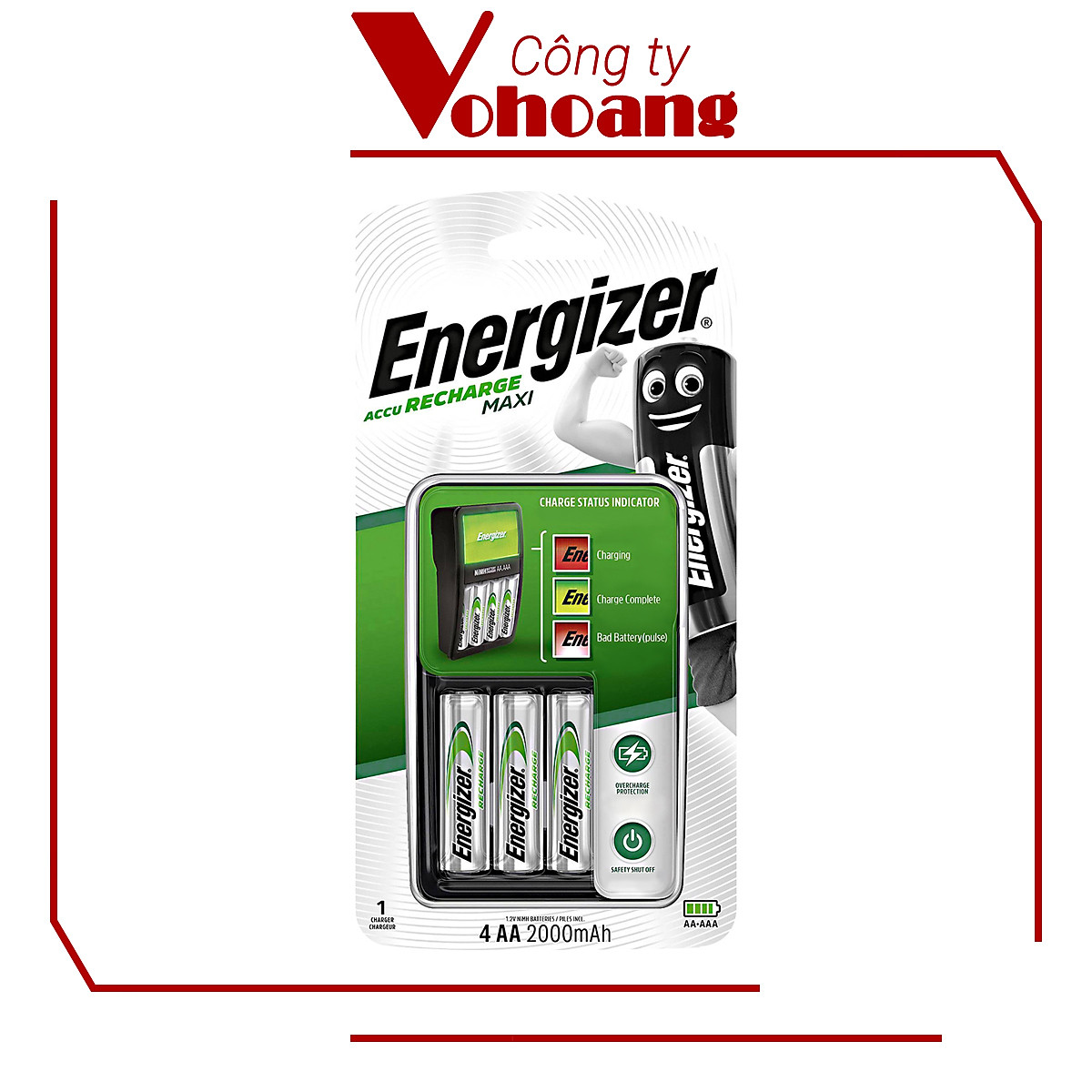 Bộ sạc Energizer Charger kèm 4 pin Ener AA 2000mAh, tự ngắt sạc (CHVCM4) ( Mẫu mới)
