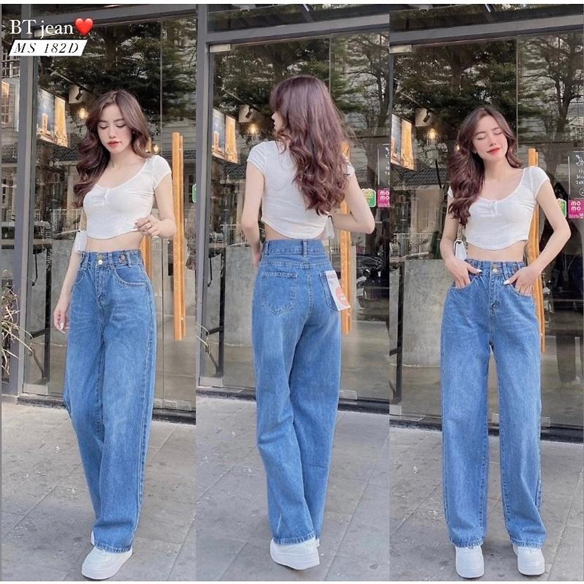 Mua Quần jean nữ ống rộng cạp cao có kiểu lưng MS 182 - Xanh Đậm,L tại Lê  Huy Fashion