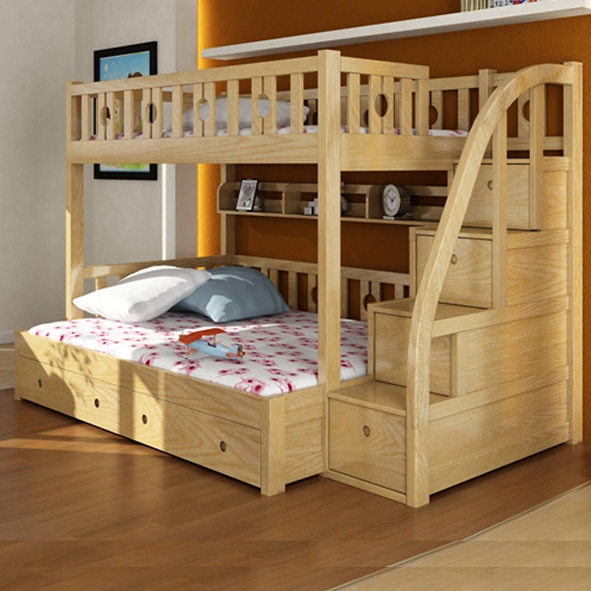 Giường tầng trẻ em tích hợp tủ quần áo bằng gỗ hiện đại, tiện nghi  