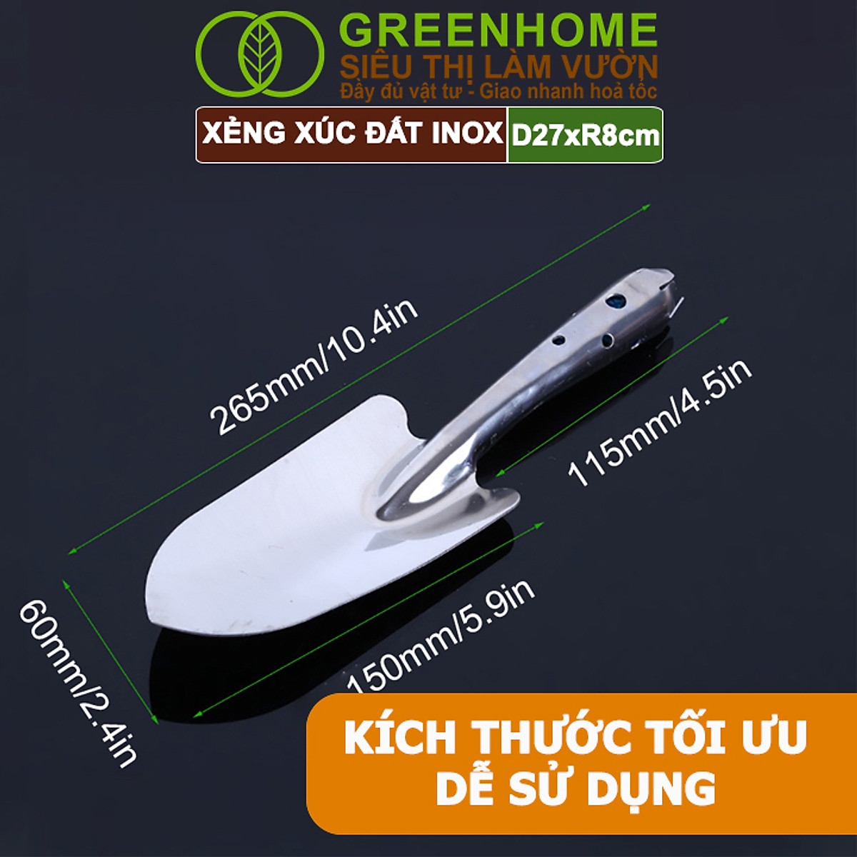Xẻng Xúc Đất Greenhome, D27xR8cm, Dụng Cụ Làm Vườn, Hợp Kim Chống Rỉ, Siêu Bền, Dễ Vệ Sinh, Tiện Lợi