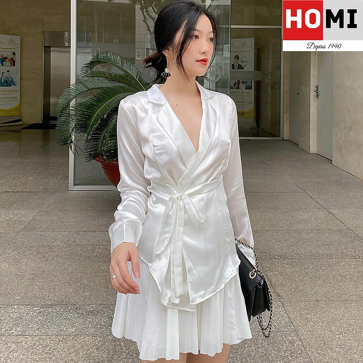 Áo sơ mi lụa cổ vest dây cột eo trắng - Áo sơ mi nữ Áo Sơ Mi Lụa Cổ Vest Dây Cột Eo Trắng - Áo Sơ Mi Nữ