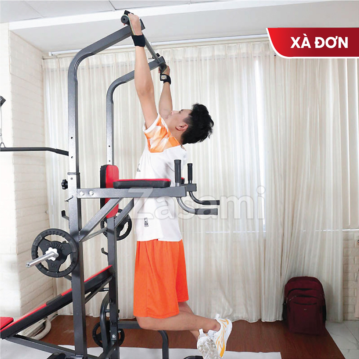 Giàn tạ đa năng kết hợp xà đơn xà kép Zasami 8211 - Kèm 54kg tạ gang , đòn tạ 1m5, 1 găng tay tập tạ