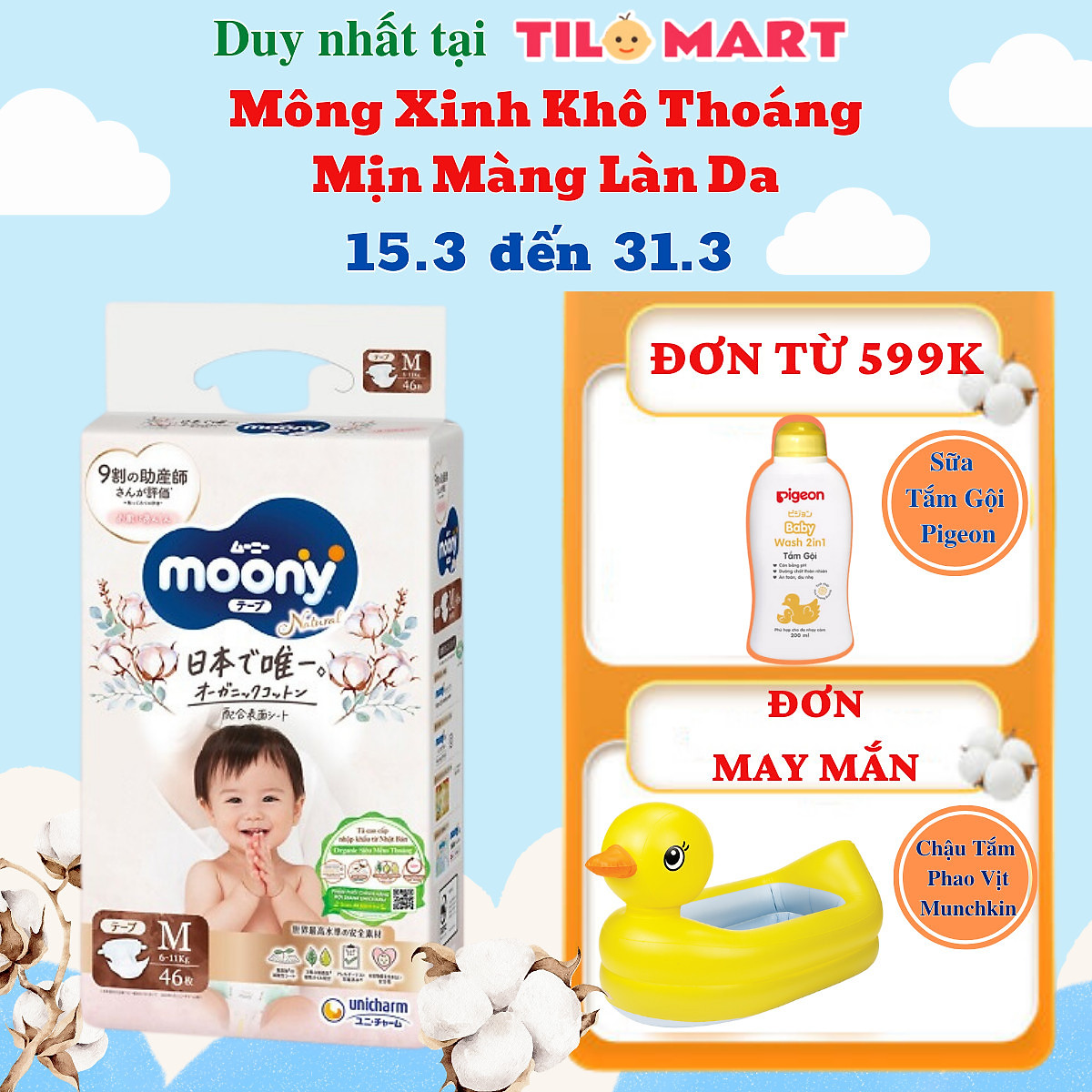 Tã/bỉm dán Moony Natural Size M-46 miếng( bé 6-11kg)