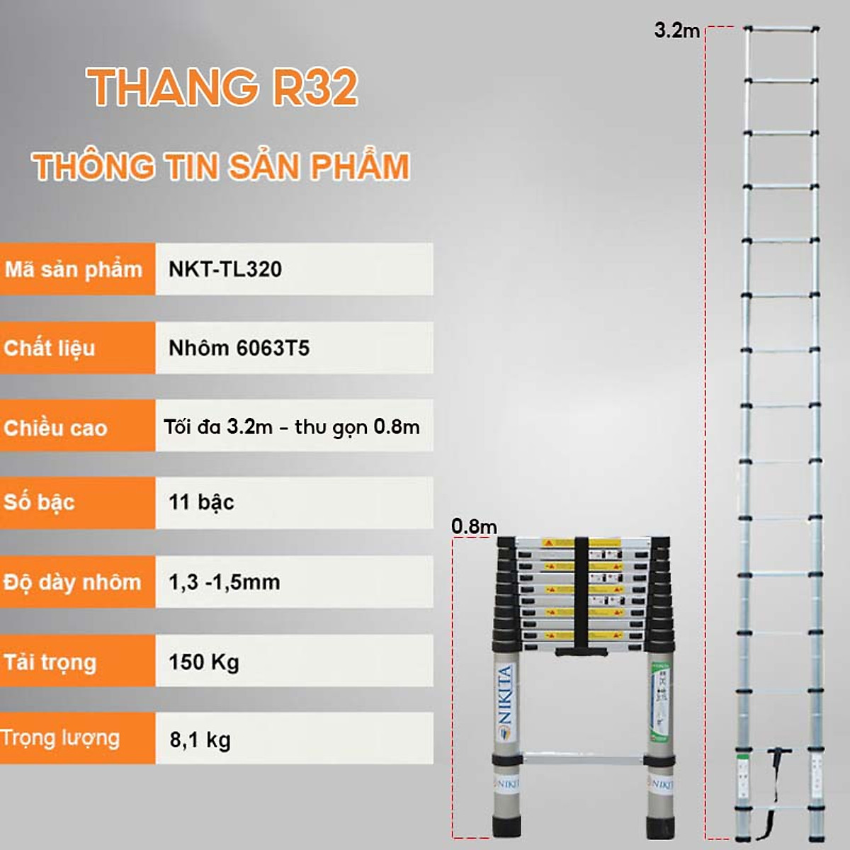 Thang nhôm rút gọn NIKITA - Nhiều kích thước lựa chọn