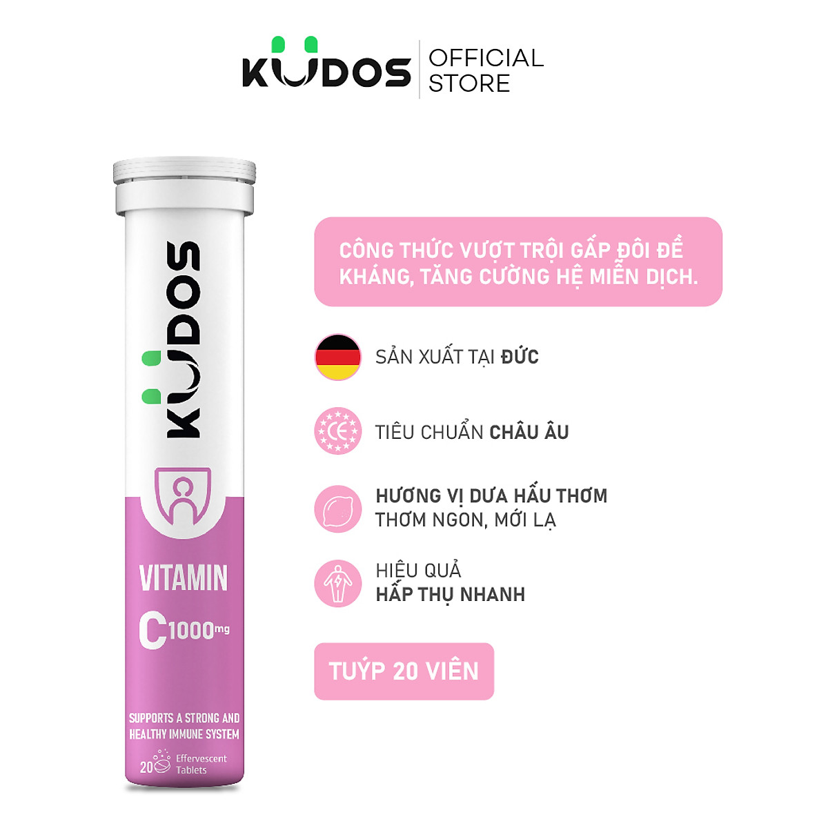 Viên sủi vitamin C KUDOS VITAMIN C WATERMELON 1000 mg giúp tăng đề