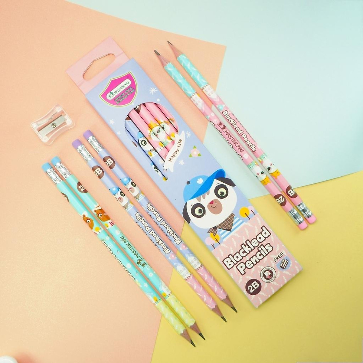 Hộp 12 Bút Chì Gỗ 2B Blacklead Pencil + Chuốt Chì - Masterart Happy Life (Mẫu Màu Giao Ngẫu Nhiên)